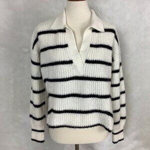 Eleven Six Black & Ivory Stripe Polo Collared Alpaca Blend Tatum Sweater XS/S